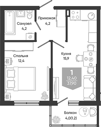 2-комн., 36.7 м², 2/24 этаж, ЖК «Облака»