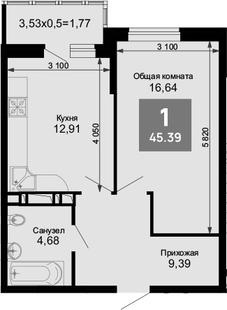 1-комн., 43.62 м², 6/15 этаж, ЖК «Лучший»