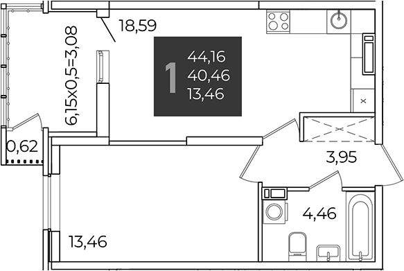 1-комн., 40.46 м², 11/21 этаж, ЖК «Образцово»