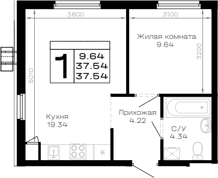 1-комн., 37.54 м², 1/4 этаж, ЖК «Усадьба Гостагаевская»