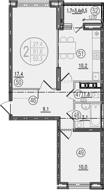 2-комн., 51.6 м², 2/9 этаж, ЖК «Спортивная деревня»