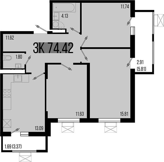 3-комн., 69.82 м², 8/8 этаж, ЖК «Цветной бульвар»