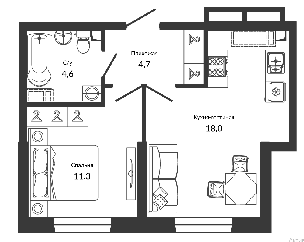 2-комн., 38.6 м², 1/24 этаж, ЖК «Улыбка»
