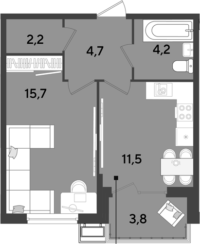 1-комн., 38.3 м², 2/9 этаж, ЖК «Парк Победы»