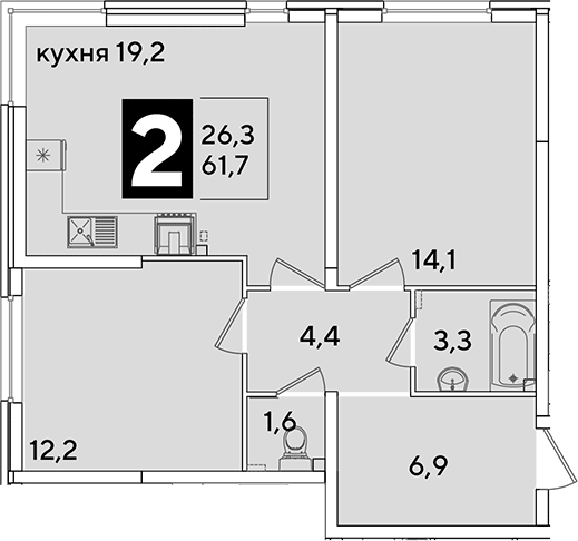 3-комн., 61.7 м², 1/16 этаж, ЖК «Самолет»