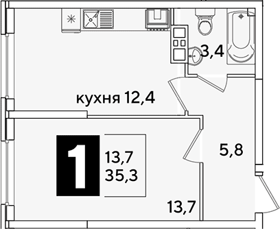 1-комн., 35.3 м², 6/16 этаж, ЖК «Самолет»