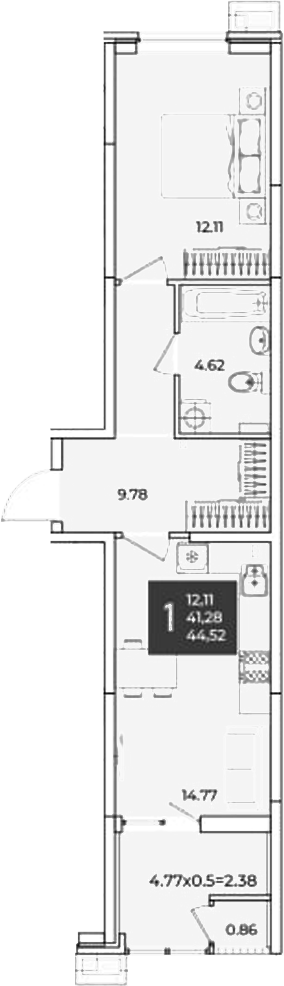 Продается 1-комн. квартира, 41.28 м²