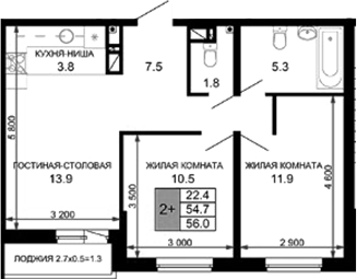 3-комн., 54.7 м², 5/16 этаж, ЖК «Дыхание»