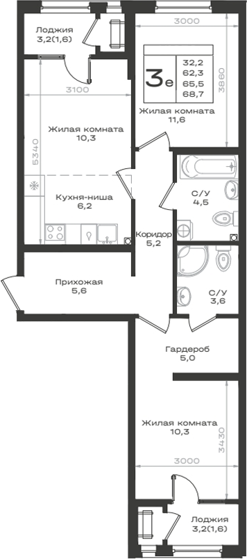 3-комн., 62.3 м², 2/12 этаж, ЖК «Нагория»