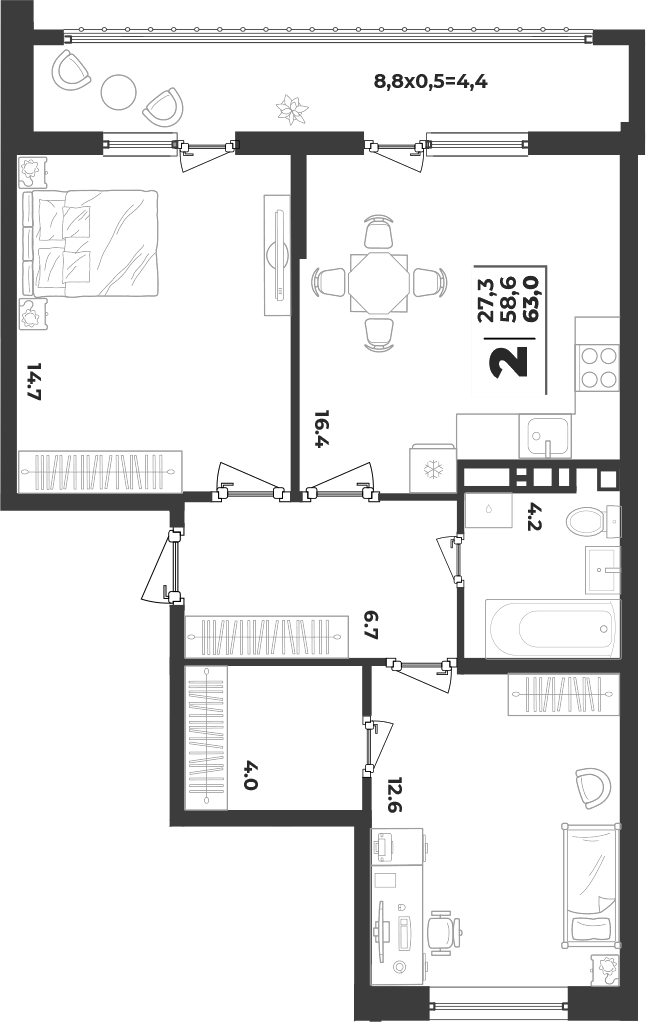2-комн., 58.6 м², 3/9 этаж, ЖК «Лето»