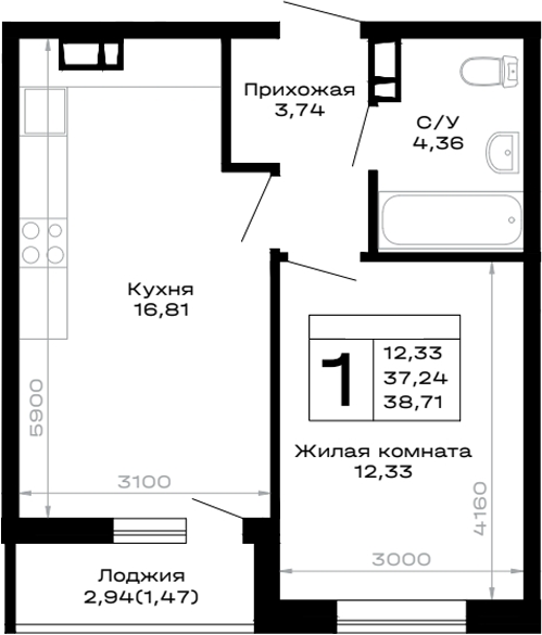 1-комн., 37.24 м², 11/12 этаж, ЖК «Горные высоты»
