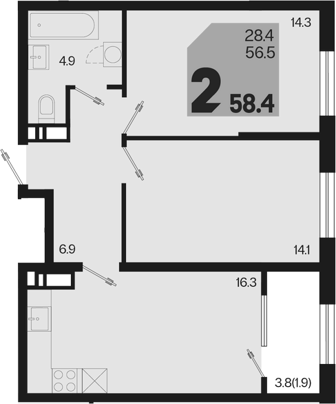3-комн., 56.5 м², 12/18 этаж, ЖК «Первое место»