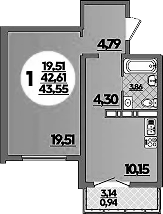 1-комн., 42.61 м², 7/16 этаж, ЖК «Город у моря»