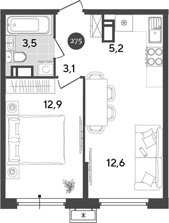 2-комн., 37.3 м², 11/18 этаж, ЖК «Порто-Ново»