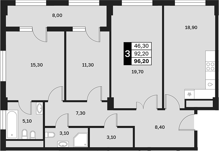 3-комн., 92.2 м², 5/15 этаж, ЖК «Аксис Патриот»