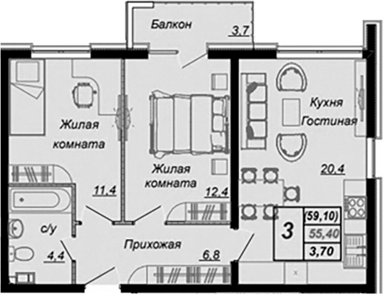2-комн., 55.4 м², 11/16 этаж, ЖК «Чайные Холмы»