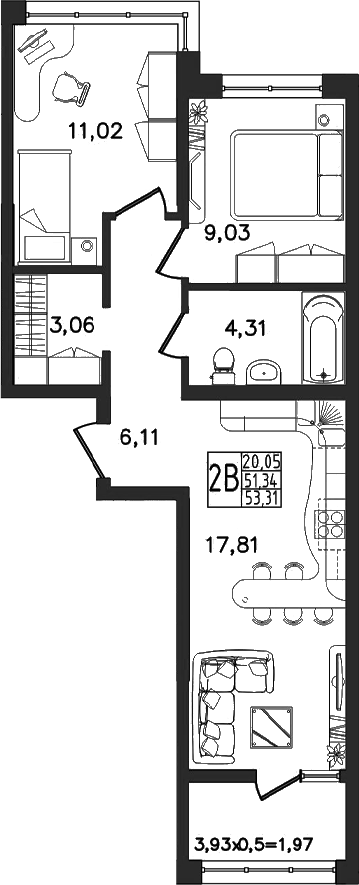 3-комн., 51.34 м², 10/14 этаж, ЖК «Яблоневый»