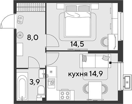 1-комн., 41.3 м², 2/9 этаж, ЖК «Парк Победы»