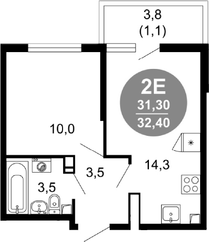 1-комн., 31.3 м², 12/17 этаж, ЖК «Лестория»