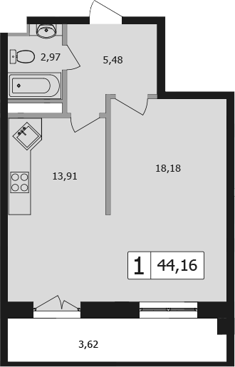 1-комн., 40.54 м², 12/16 этаж, ЖК «Жемчужина»