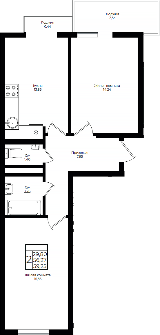 2-комн., 56.27 м², 8/10 этаж, ЖК «Европа-Сити»