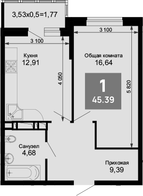 1-комн., 43.62 м², 13/15 этаж, ЖК «Лучший»