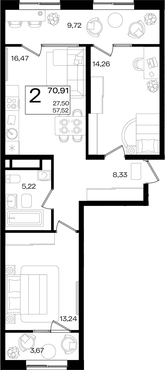 3-комн., 57.52 м², 7/10 этаж, ЖК «Патрики»