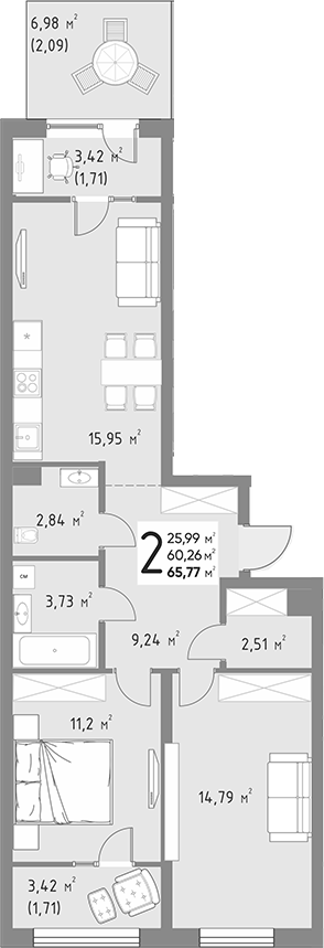 2-комн., 60.26 м², 3/9 этаж, ЖК «Коллекция»