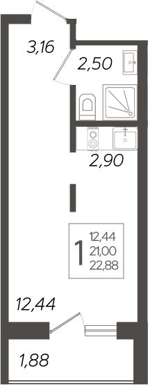 Студия, 21 м², 12/19 этаж, ЖК «Кислород»