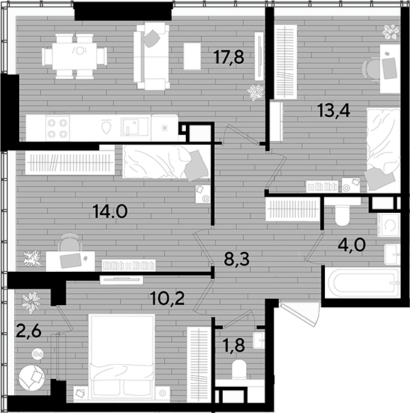 3-комн., 67.1 м², 16/16 этаж, ЖК «DОГМА ПАРК»