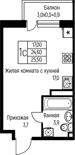 Студия, 24.6 м², 2/3 этаж, ЖК «Nova Vita»