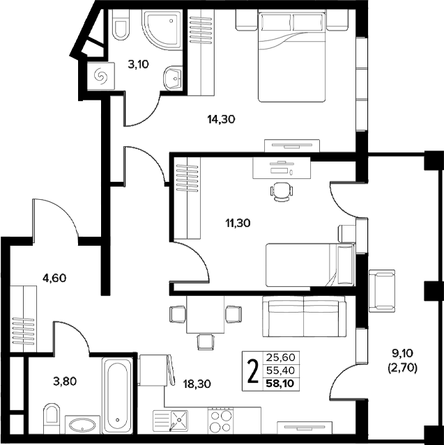 2-комн., 55.4 м², 8/8 этаж, ЖК «Кипарис»