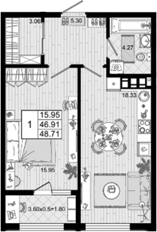 1-комн., 46.91 м², 3/8 этаж, ЖК «Резиденция морей»