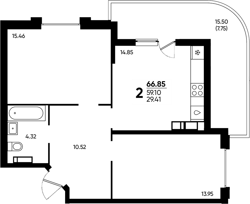Продается 2-комн. квартира, 59.1 м²