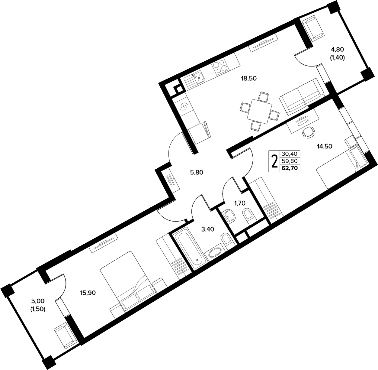 2-комн., 59.8 м², 8/8 этаж, ЖК «Кипарис»