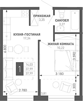 1-комн., 34.18 м², 7/18 этаж, ЖК «Иначе в Молодежном»