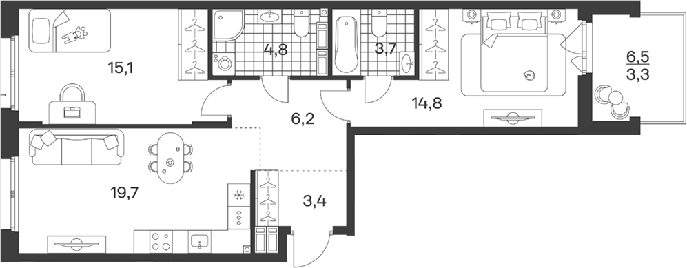 3-комн., 67.7 м², 4/9 этаж, ЖК «Символ. ГК Трест»