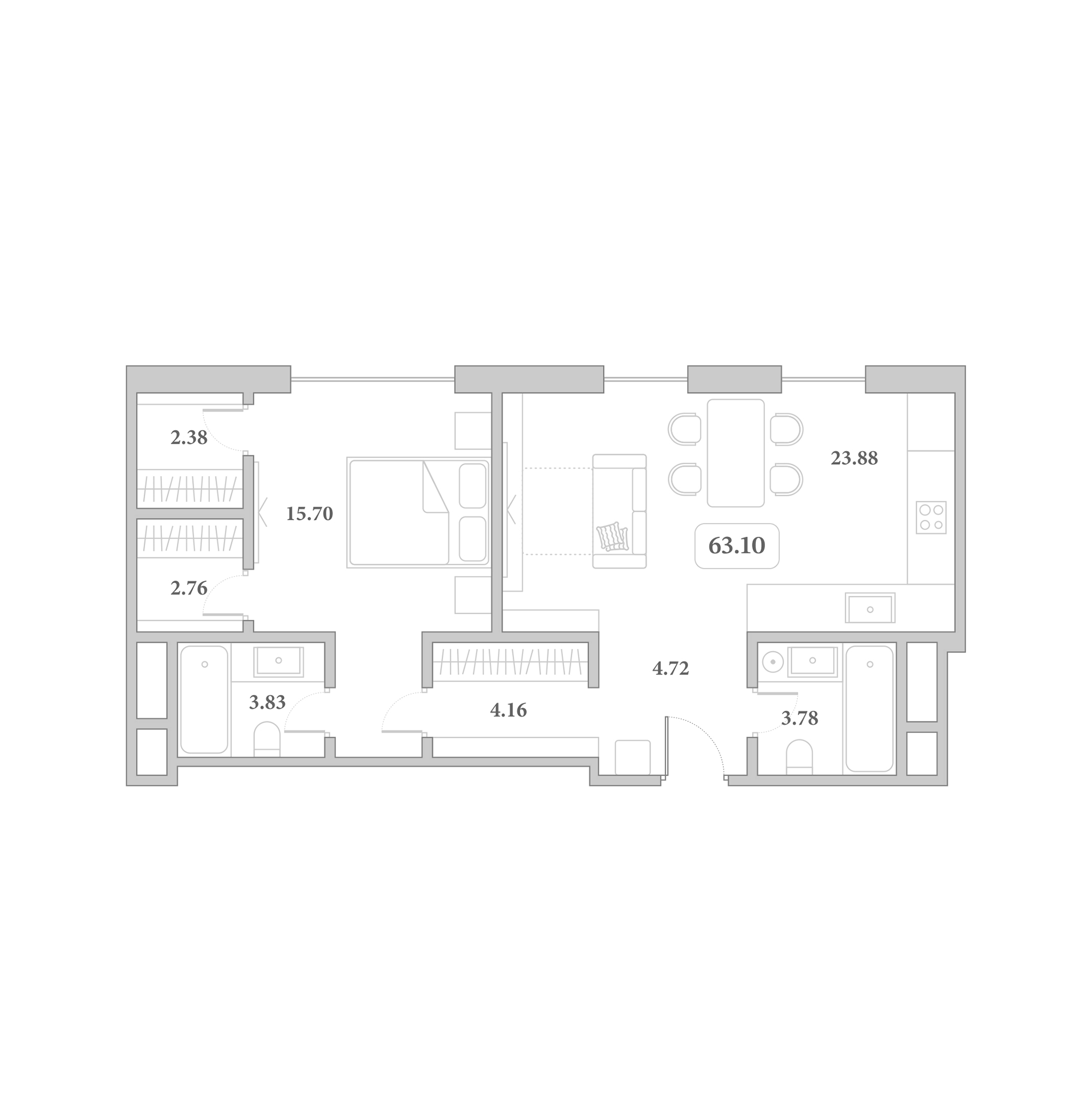2-комн., 63.1 м², 7/7 этаж, ЖК «Граф Толстой»