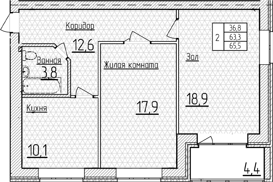 2-комн., 63.3 м², 4/5 этаж, ЖК «Фестивальный»