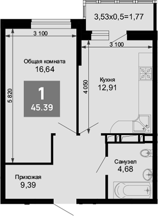 1-комн., 43.62 м², 9/15 этаж, ЖК «Лучший»