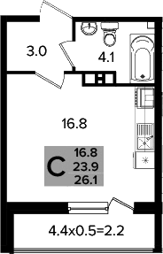 Студия, 23.9 м², 3/16 этаж, ЖК «Сармат»