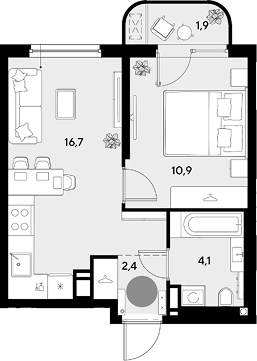 1-комн., 34.1 м², 3/9 этаж, ЖК «Грейд»