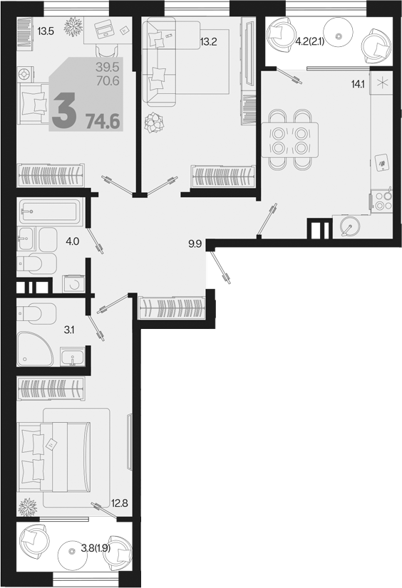 3-комн., 70.6 м², 8/9 этаж, ЖК «Первое место»