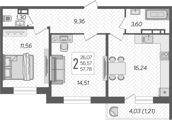 3-комн., 56.57 м², 12/12 этаж, ЖК «Смородина»