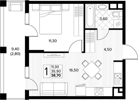 1-комн., 35.9 м², 3/7 этаж, ЖК «Кипарис»