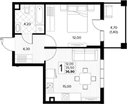 1-комн., 35.5 м², 1/7 этаж, ЖК «Кипарис»