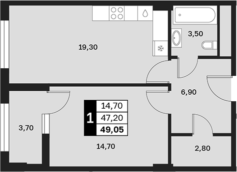 1-комн., 47.2 м², 12/15 этаж, ЖК «Аксис Патриот»