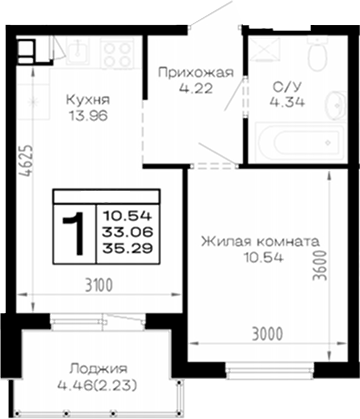 1-комн., 33.06 м², 2/4 этаж, ЖК «Усадьба Гостагаевская»