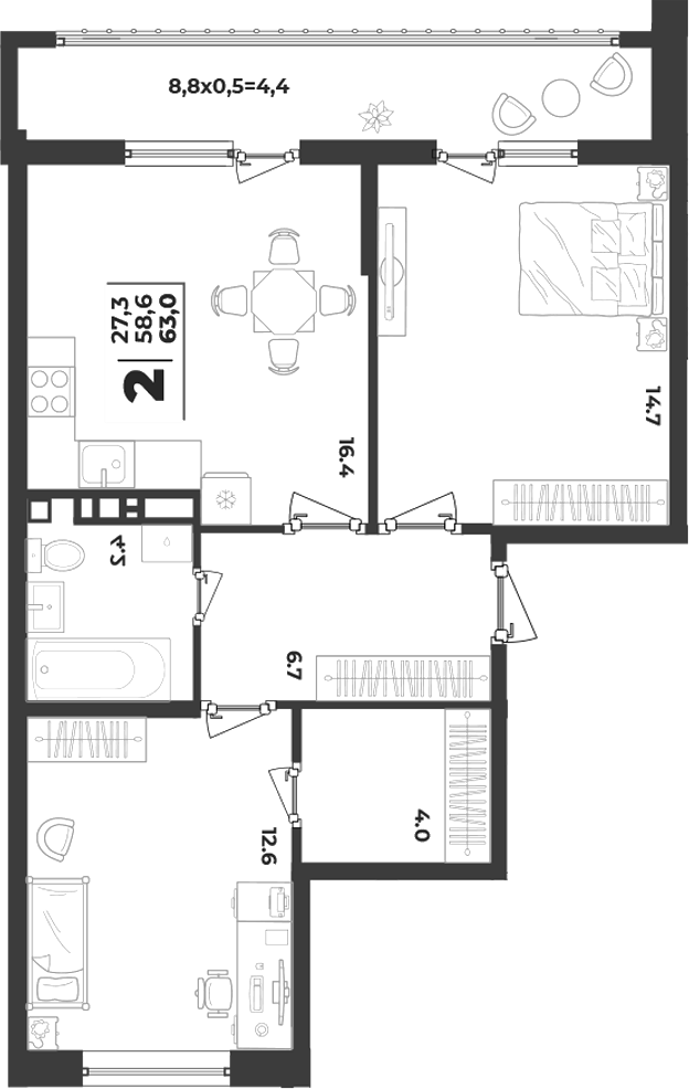 2-комн., 58.6 м², 4/9 этаж, ЖК «Лето»