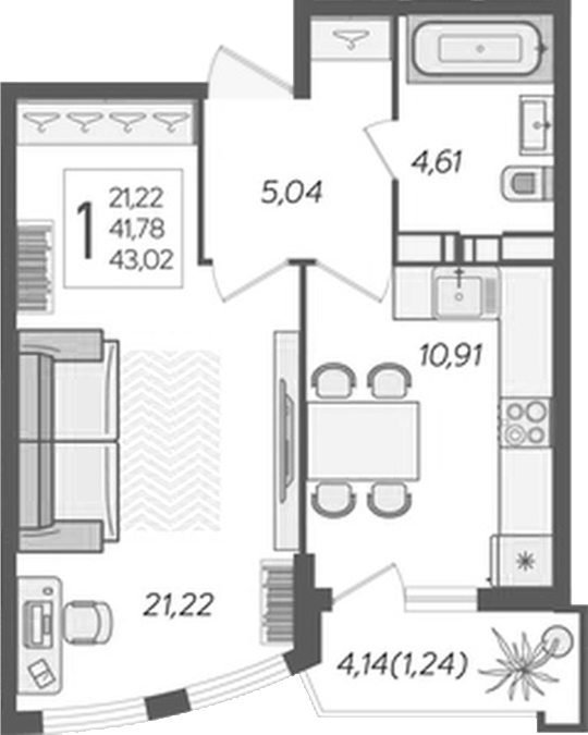 1-комн., 40.76 м², 7/20 этаж, ЖК «Альфа. АСК»